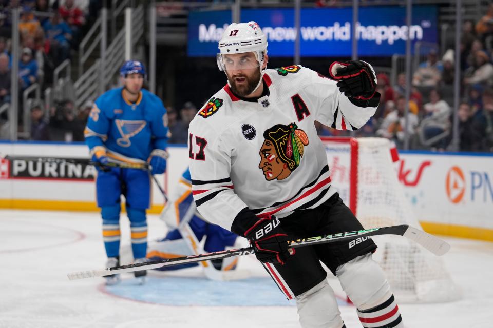 Chicago Blackhawks' Nick Foligno celebrates after scoring during the third period of an NHL hockey game against the St. Louis Blues Saturday, Dec. 23, 2023, in St. Louis. (AP Photo/Jeff Roberson)
