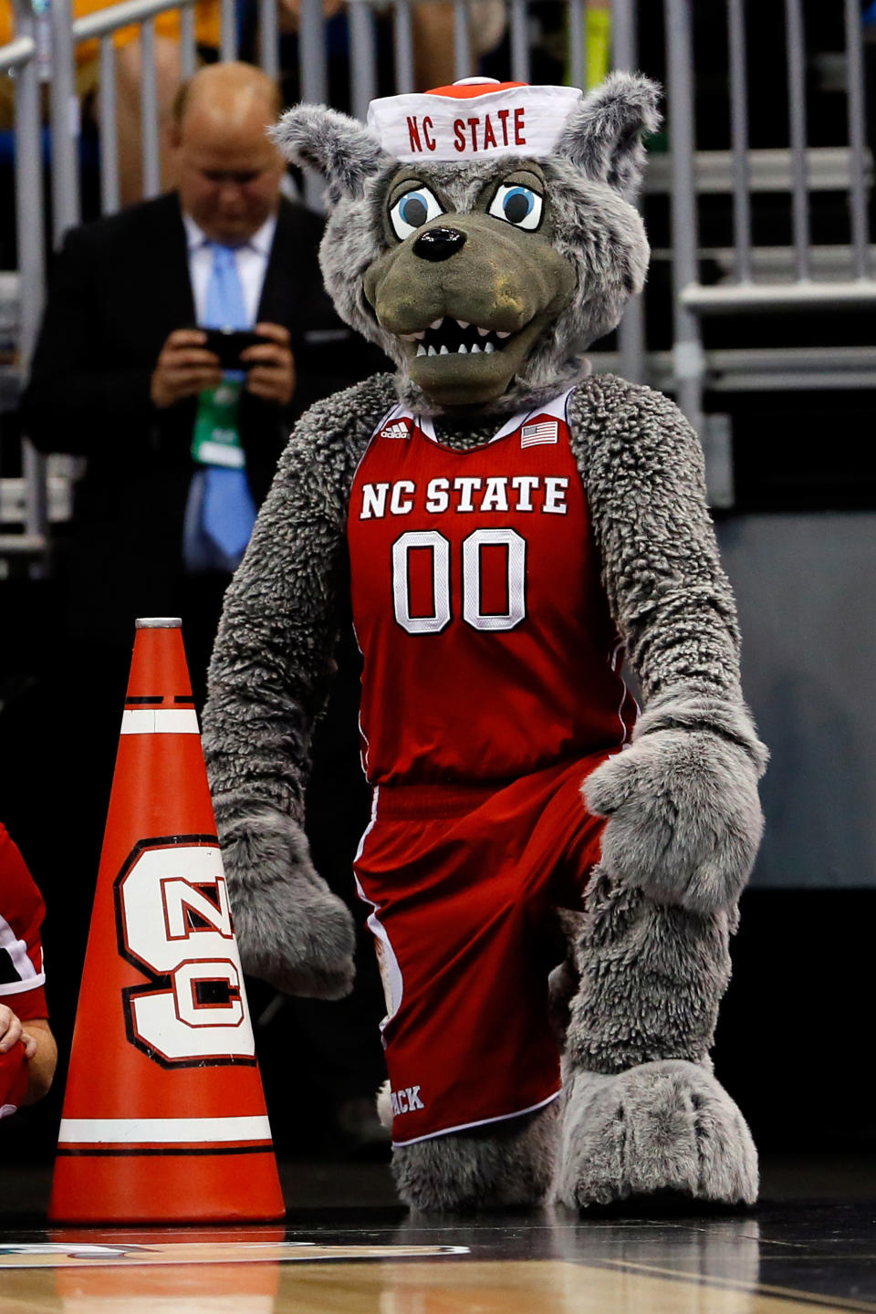 ORLANDO, FL - MARCH 20:  North Carolina State Wolfpack mascot cheers against the Saint Louis Billikens during the second round of the 2014 NCAA Men's Basketball Tournament at Amway Center on March 20, 2014 in Orlando, Florida.  (Photo by Kevin C. Cox/Getty Images)