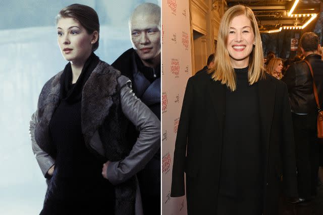 <p>getty (2)</p> Rosamund Pike in 2002's 'Die Another Day' and now