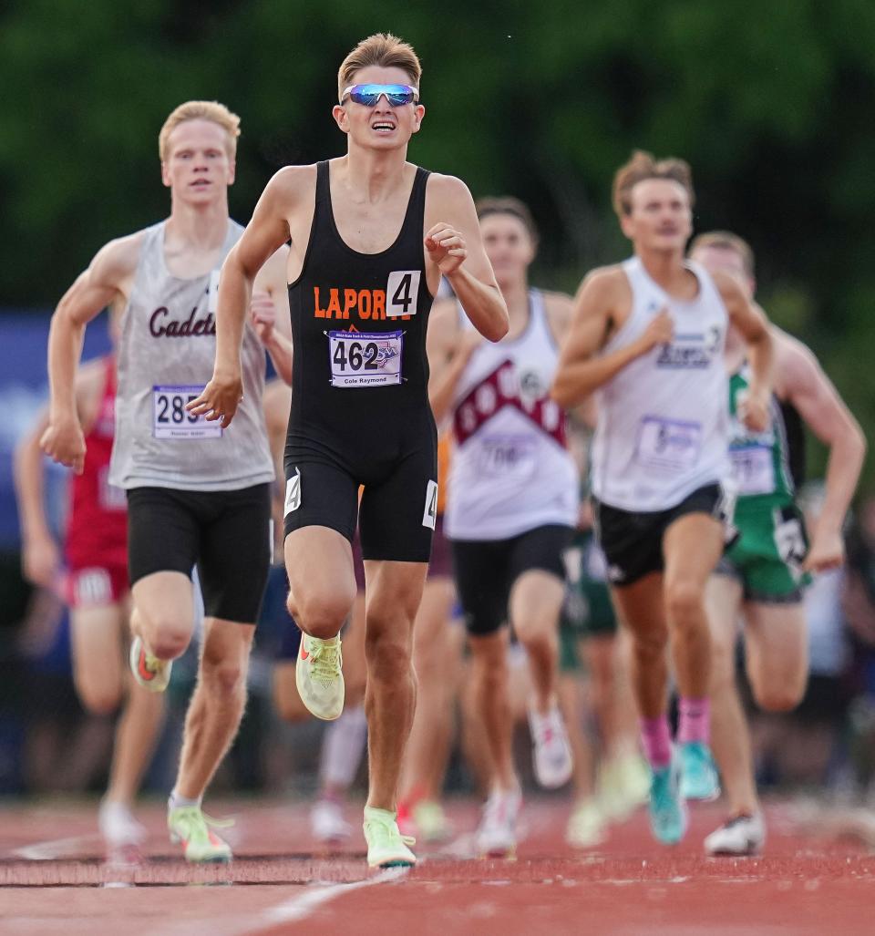 LaPorte'S Cole Raymond competes in the 800 meter race during the IHSAA boys track and field state finals on Saturday, June 4, 2022, at Robert C. Haugh Track & Field Complex, at Indiana University in Bloomington, Indiana.