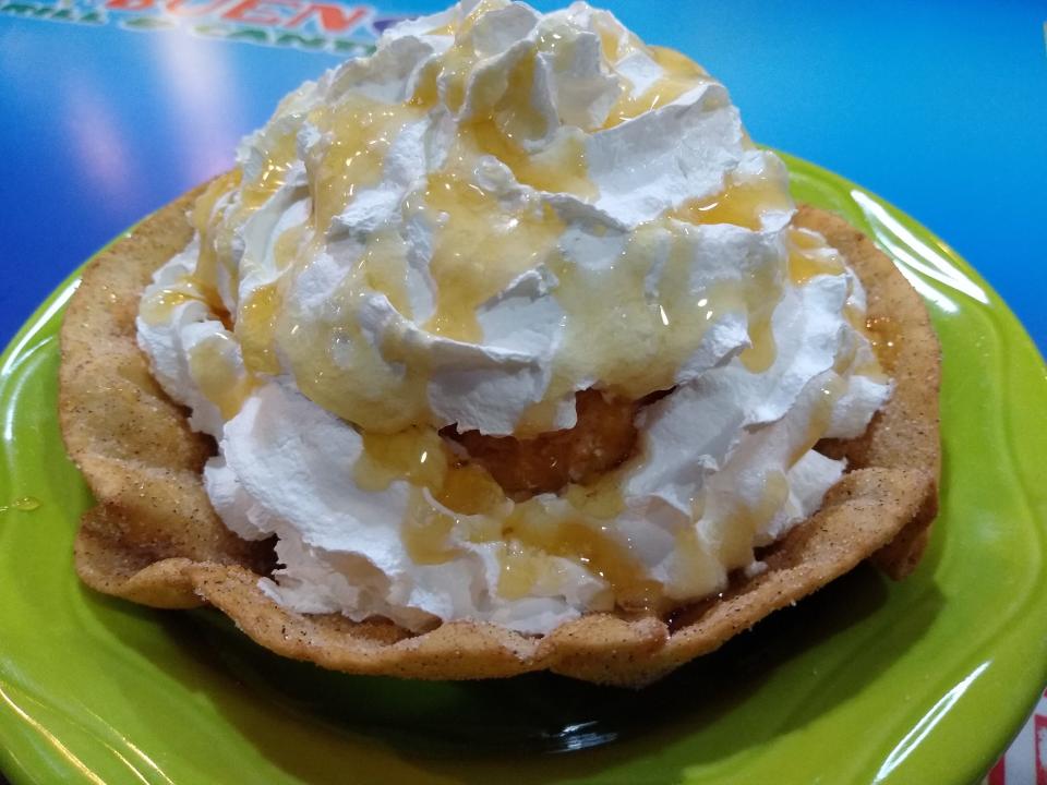 Fried ice cream is served at Mucho Bueno’s in Brunswick. We substituted honey for chocolate syrup.