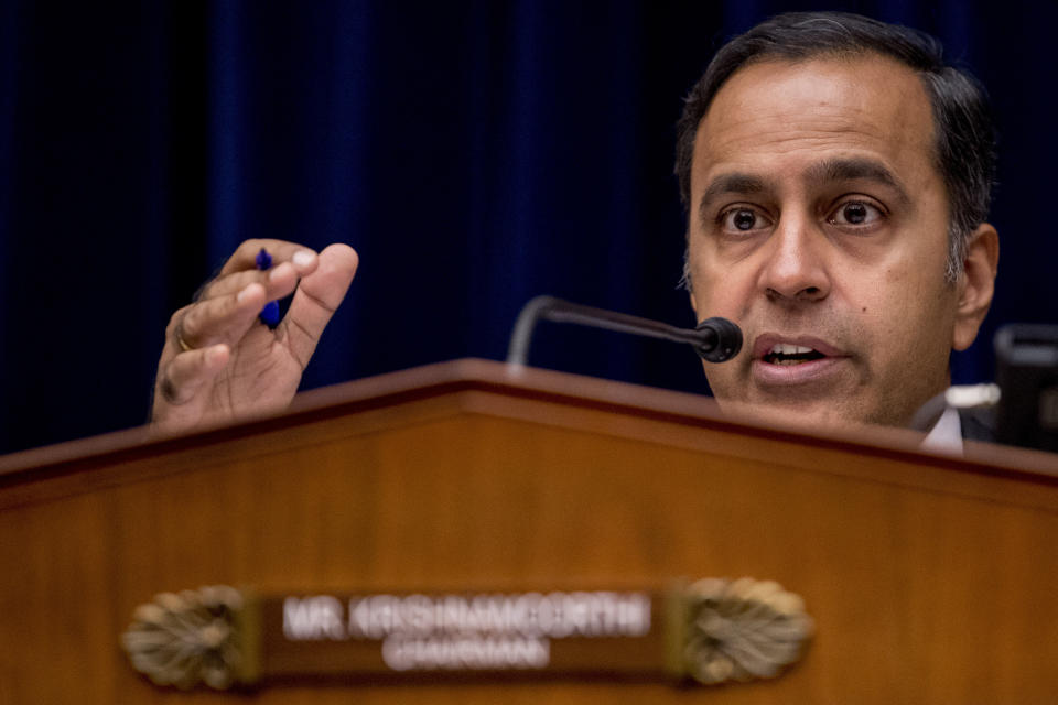 Chairman Rep. Raja Krishnamoorthi, D-Ill., questions CDC Principal Deputy Secretary Dr. Anne Schuchat as she appears before a House Oversight subcommittee hearing on lung disease and e-cigarettes on Capitol Hill in Washington, Tuesday, Sept. 24, 2019. (AP Photo/Andrew Harnik)