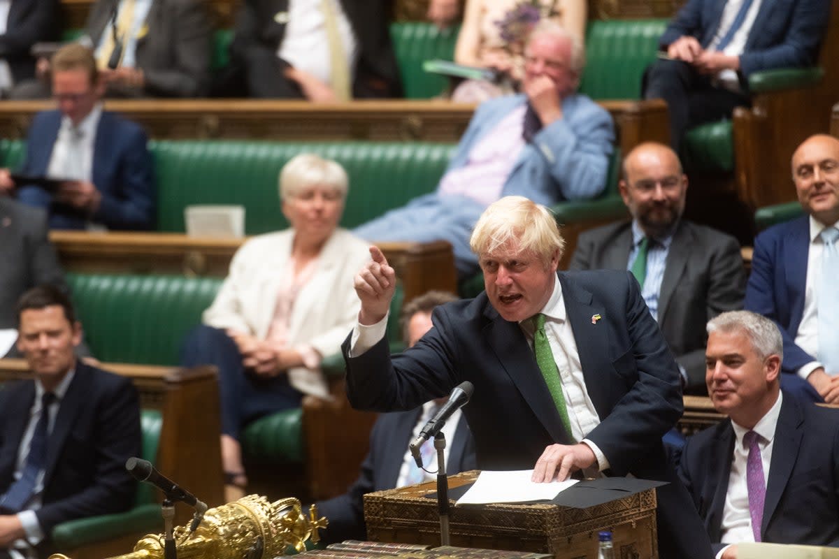 Handout photo issued by UK Parliament of Prime Minister Boris Johnson speaking in the House of Commons, during a debate about on whether MP’s have confidence in the Government (UK Parliament/Andy Bailey) (PA Media)