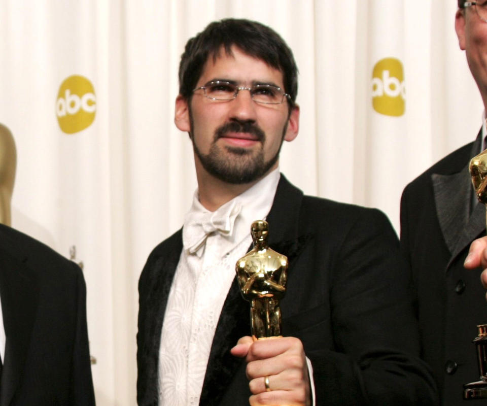 Christian Rivers in the 78th Academy Awards press room with his Oscar in 2006 (Rex)