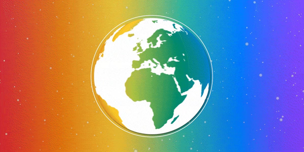 Spinning rainbow globe with location pins popping up 2x1