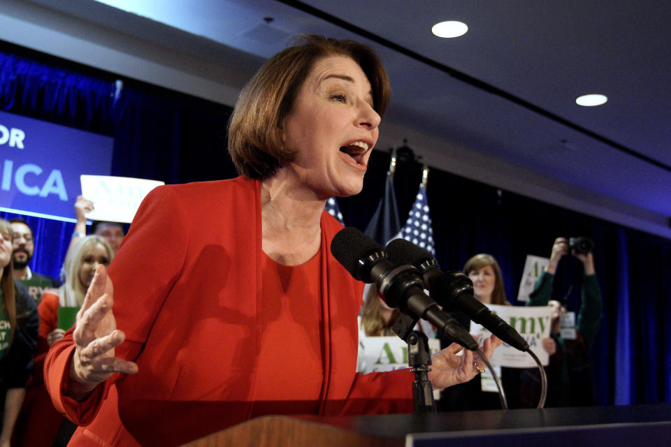 Democratic presidential candidate Sen. Amy Klobuchar, D-Minn., speaks to supporters at her caucus night campaign rally in Des Moines, Iowa, Monday, Feb. 3, 2020. (AP Photo/Nati Harnik)