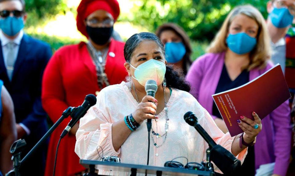 Cheryl Carter, co-executive director of Democracy NC, speaks during a press conference in opposition to House Bill 237, the anti-mask and campaign finance bill, outside the Legislative Building in Raleigh, N.C., Tuesday, June 11, 2024.