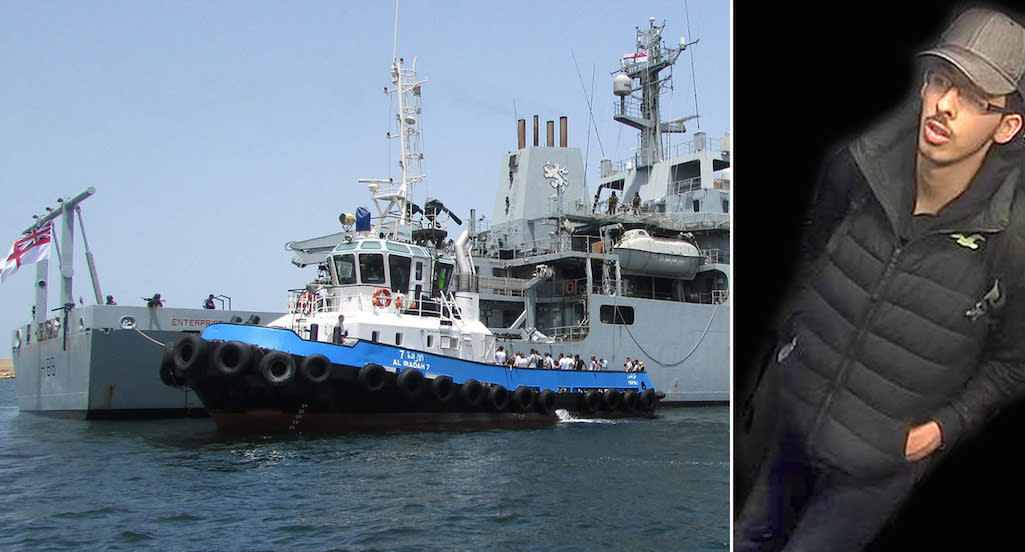 Salman Abedi, right, was rescued from Libya by a Royal Navy vessel (Pictures: PA/Greater Manchester Police)