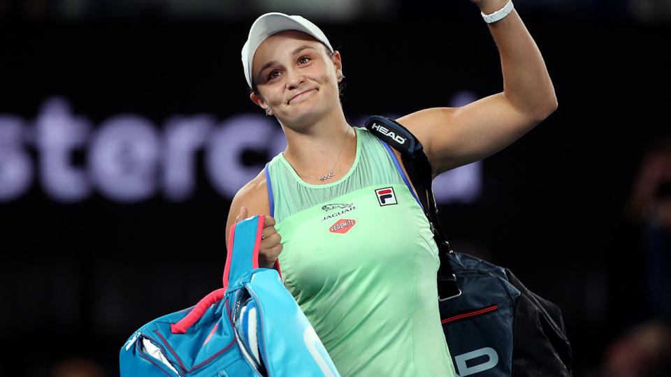 Ash Barty, pictured here celebrating her win over Alison Riske at the Australian Open.