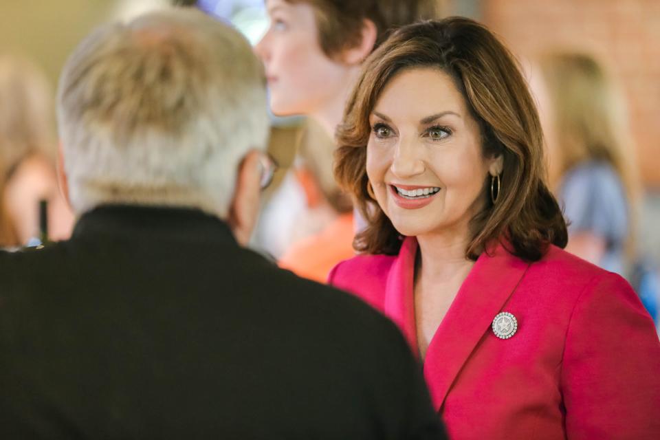 Democratic gubernatorial candidate Joy Hofmeister talks to guests Tuesday at her watch party at Rococo Restaurant & Bar in Oklahoma City.