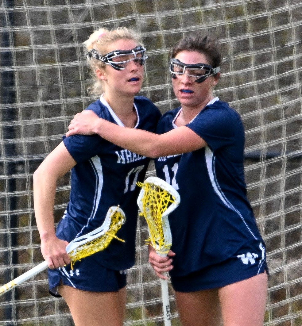 Nantucket teammates Bailey Lower (left) and Emerson Pekarcik celebrate after a goal against Nauset.