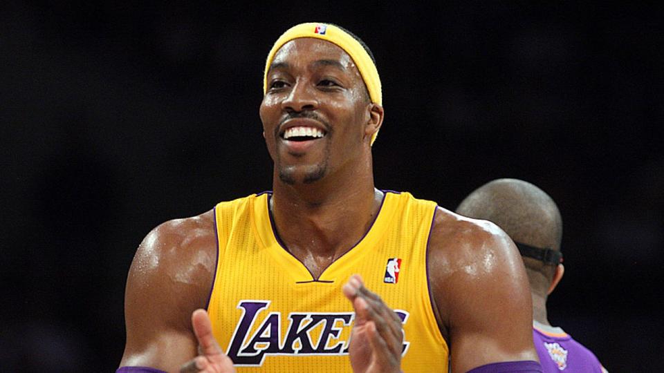 <div>Lakers Center <a class="link " href="https://sports.yahoo.com/nba/players/3818/" data-i13n="sec:content-canvas;subsec:anchor_text;elm:context_link" data-ylk="slk:Dwight Howard;sec:content-canvas;subsec:anchor_text;elm:context_link;itc:0">Dwight Howard</a> tries to laugh off a non-call on what he perceived to be a foul by Suns center Jermaine ONeal in the second quarter Friday, Nov. 16, 2012, at Staples Center in <a class="link " href="https://sports.yahoo.com/nba/teams/la-clippers/" data-i13n="sec:content-canvas;subsec:anchor_text;elm:context_link" data-ylk="slk:Los Angeles;sec:content-canvas;subsec:anchor_text;elm:context_link;itc:0">Los Angeles</a>. (Photo by Luis Sinco/Los Angeles Times via Getty Images)</div>