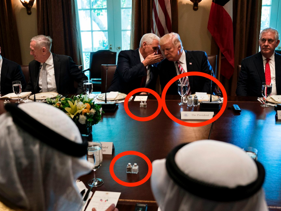 Kuwaiti Emir Sheikh Sabah al-Ahmad Al-Sabah (front L) and others wait while US President Donald Trump and US Vice President Mike Pence speak before a luncheon in the Cabinet Room of the White House on September 7, 2017 in Washington, DC.