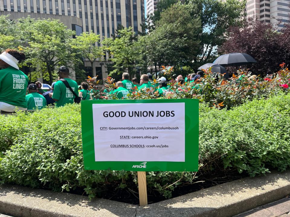 Hundreds of union members rallied in Sensenbrenner Park Thursday afternoon on the Columbus stop of the national ‘Staff the Front Lines’ bus tour, with signs indicating where local folks can join the public sector and help reduce the essential worker staffing shortage.