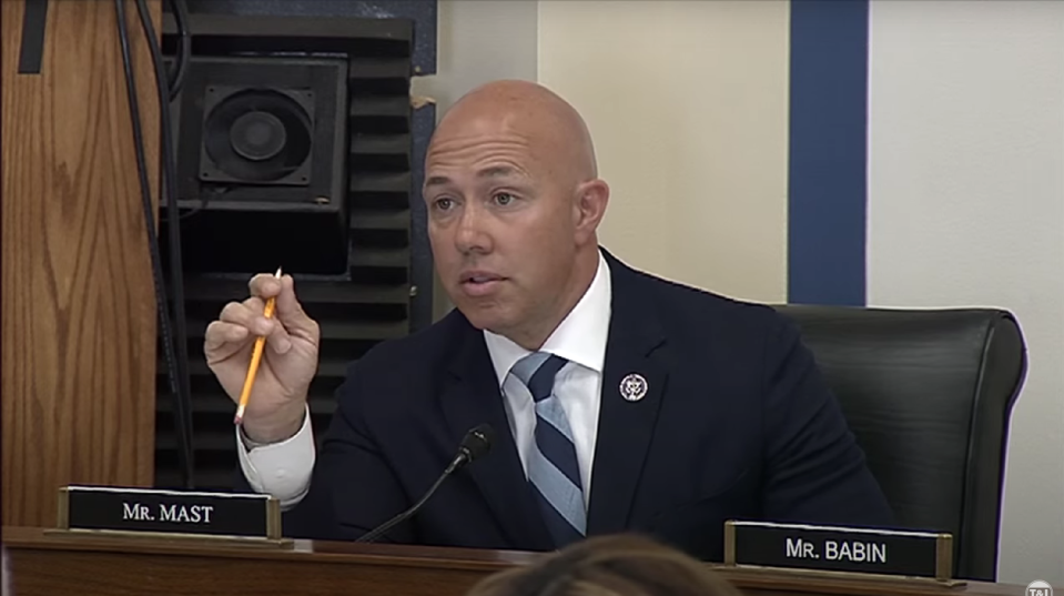 U.S. Rep. Brian Mast, R-Fort Pierce, questions Admiral Linda Fagan of the U.S. Coast Guard during a federal Coast Guard and Maritime Subcommittee meeting on Tuesday, April 18, 2023.