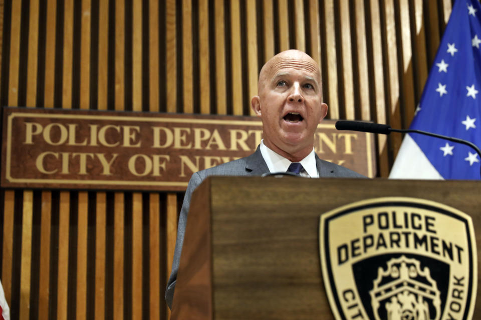 Police Commissioner James P. O'Neill makes an announcement at New York City Police Dept. headquarters, Monday, Aug. 19, 2019. After five years of investigations and protests, the New York City Police Department fired an officer involved in the 2014 chokehold death of Eric Garner, whose dying cries of "I can't breathe" fueled a national debate over race and police use of force. O'Neill said he fired Officer Daniel Pantaleo, who is white, based on a recent recommendation of a department disciplinary judge. He said it was clear Pantaleo "can no longer effectively serve as a New York City police officer." (AP Photo/Richard Drew)