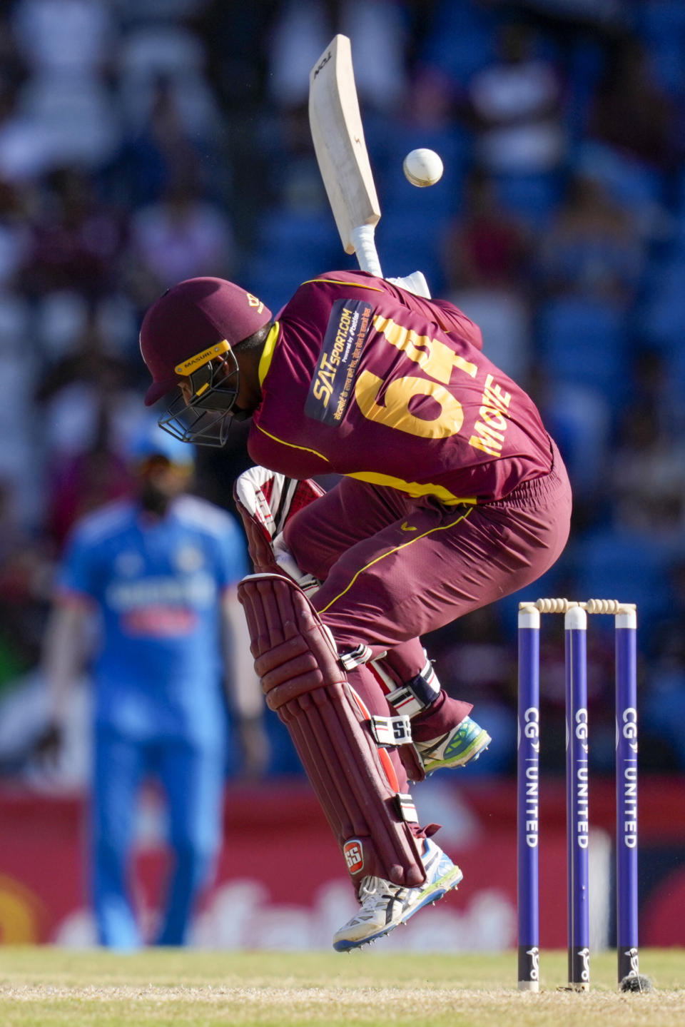 West Indies' Gudakesh Motie plays a shot against India during the third ODI cricket match at the Brian Lara Stadium in Tarouba, Trinidad and Tobago, Tuesday, Aug. 1, 2023. (AP Photo/Ramon Espinosa)