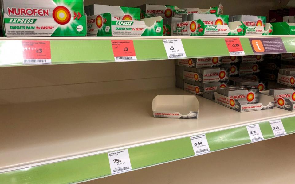 A shortage of ibuprofen on the shelves at a Sainsbury's supermarket in Cambridge, as Prime Minister Boris Johnson announced the government's coronavirus action plan. PA Photo - Joe Giddens/PA