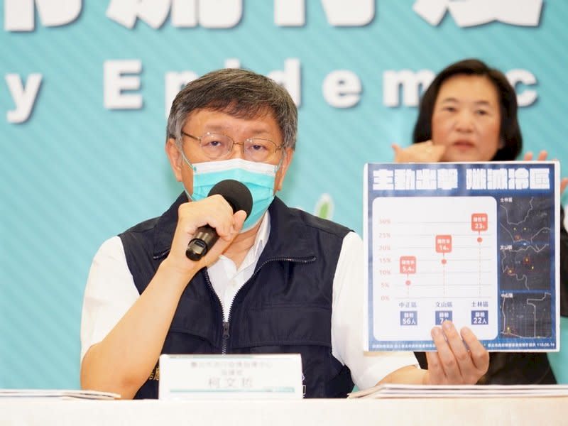 台北市長柯文哲14日下午在記者會上提出「精準篩檢」做法，從確診者開始執行「同心圓掃描」 (台北市政府提供)