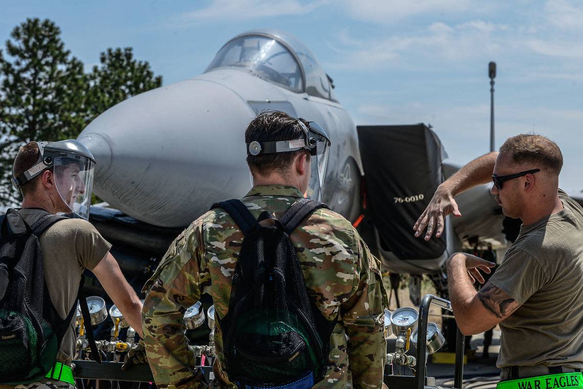 Maintenance and support personnel in the Air Force’s 366th Fighter Wing, based at Mountain Home Air Force Base, undergo crash-recovery training in 2022.