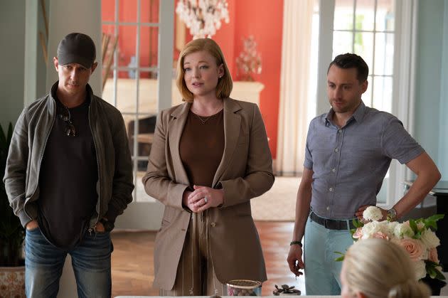 The Roy siblings — Kendall (Jeremy Strong, left), Shiv (Sarah Snook) and Roman (Kieran Culkin) — in a scene from Season 4 of HBO's 
