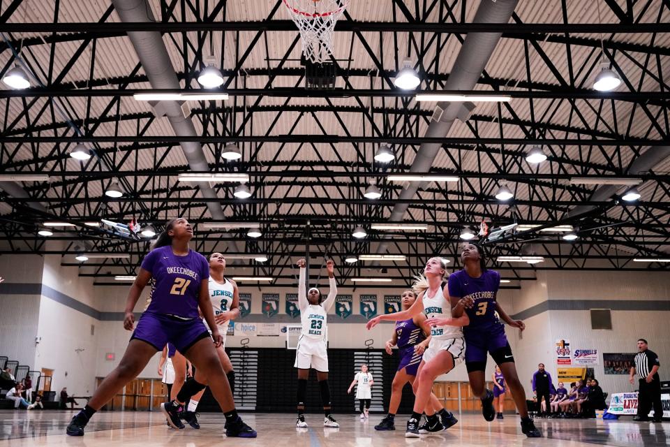 Jensen Beach’s Kiosha Smith takes a free throw against Okeechobee in a girls basketball game Tuesday, Jan. 18, 2022, in Jensen Beach High School. Okeechobee won 55-42.