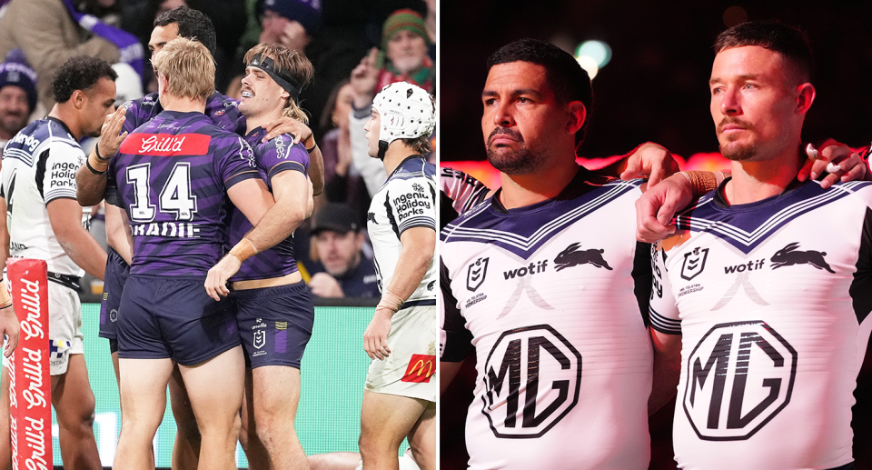 NRL fans were left confused by Souths not having any green or red on their Anzac Day jersey as they faced off against Melbourne. Image: Getty