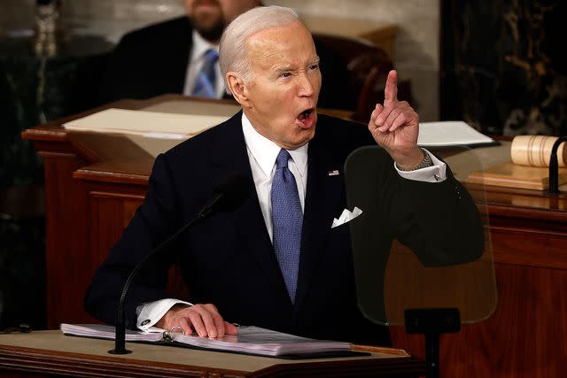 <p>Chip Somodevilla/Getty Images</p> President Joe Biden at Thursday's State of the Union address