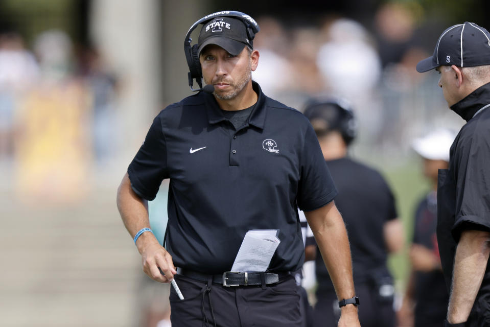 Iowa State coach Matt Campbell watches his team during an NCAA college football game against Ohio, Saturday, Sept. 16, 2023, in Athens, Ohio. (AP Photo/Paul Vernon)