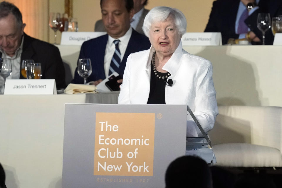 Treasury Secretary Janet Yellen speaks to the Economic Club of New York luncheon, in New York, Thursday, June 13, 2024. Yellen said the U.S. ought to respond "when foreign subsidies threaten the viability of domestic firms" in strategic sectors like green energy. (AP Photo/Richard Drew)