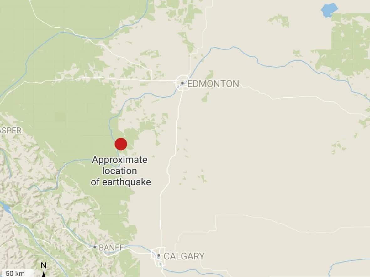 A 5.0 magnitude earthquake was reported just before 9:30 p.m. MT about 37 kilometres north-northwest of Rocky Mountain House, Alta. (CBC - image credit)