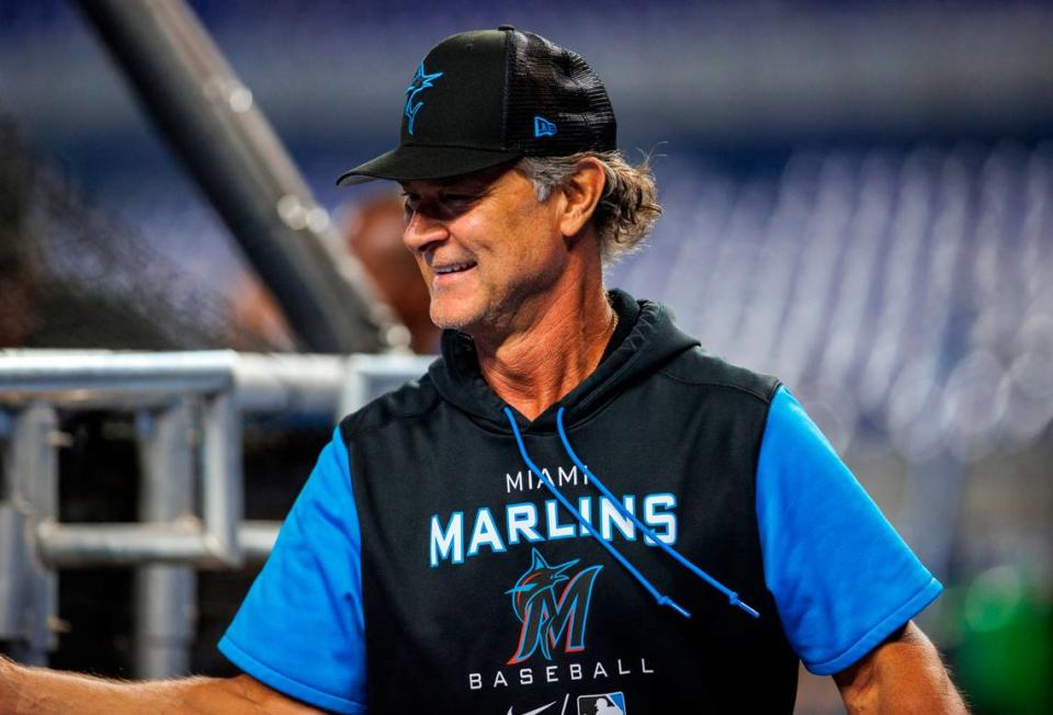 Miami Marlins manager Don Mattingly (8) looks on before the start of a baseball game against the Texas Rangers at LoanDepot Park on Thursday, July 21, 2022 in Miami, Florida.