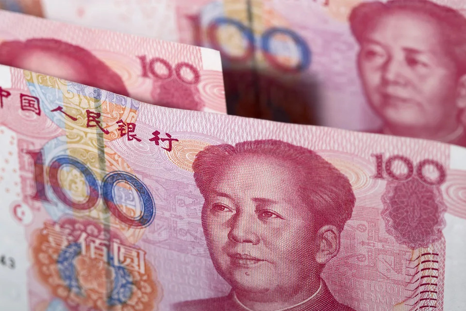 Chinese one-hundred yuan banknotes in Hong Kong, China.