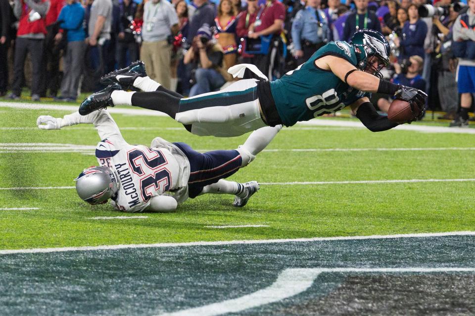 Eagles tight end dives into the end zone to score Sunday night at US Bank Stadium. The Eagles defeated the New England Patriots 41-33 to win Super Bowl LII. 