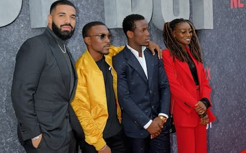 Drake (left) with Ashley Walters, Micheal Ward and Little Simz at the UK premiere of Top Boy at the Hackney Picturehouse  - Credit: Dave M Bennett