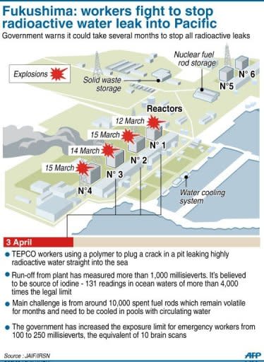 Update of the latest situation at the stricken Fukushima nuclear power plant in Japan. Workers at Japan's crippled nuclear plant Sunday struggled to stop a radioactive water leak into the Pacific, as the government warned the facility may spread contamination for months