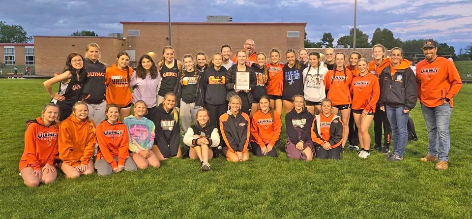 The Quincy Oriole girls track team raced away for the win at Friday's Constantine Invitational, while Bronson finished second
