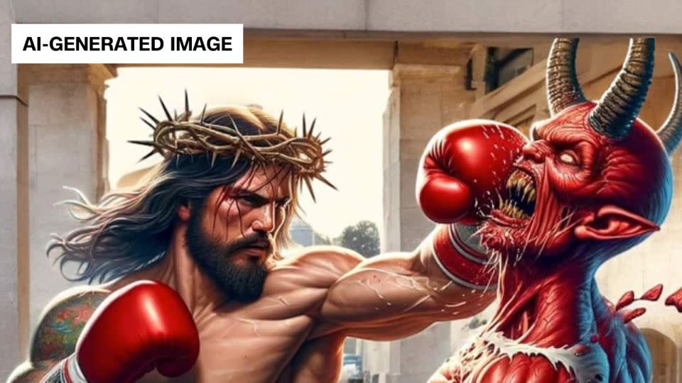 Note the tattoos on this AI depiction of Jesus, as well as an encouragement to interact with the image. - From Facebook