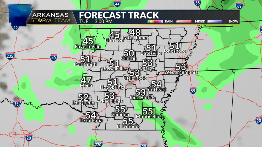 Arkansas precipitation and temperature forecast for Tuesday 11/21.