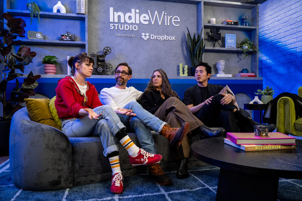 Kristen Stewart, Andy Zuchero, Sam Zuchero and Steven Yeun at the IndieWire Sundance Studio, Presented by Dropbox held on January 19, 2024 in Park City, Utah.