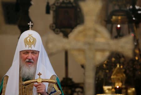 Patriarch of Moscow and All Russia Kirill conducts a prayer service ahead of Russian Olympic team departure to Rio 2016 Olympic Games at the Uspensky (Assumption) Cathedral in the Moscow's Kremlin, Russia July 27, 2016. REUTERS/Maxim Shemetov