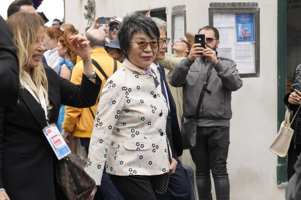 Japanese Foreign Minister Yoko Kamikawa arrives for the G7 Foreign Ministers meeting, on the Island of Capri, Italy, Wednesday, April 17, 2024. Group of Seven foreign ministers are meeting on the Italian resort island of Capri, with soaring tensions in the Mideast and Russia's continuing war in Ukraine topping the agenda. The meeting runs April 17-19. (AP Photo/Gregorio Borgia)