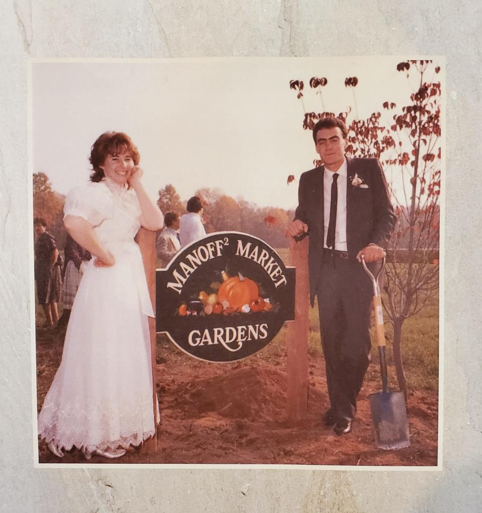 Amy and Gary Manoff pose for a photo on their wedding day, on October 21, 1984, the same day they broke ground at Manoff Market Gardens.