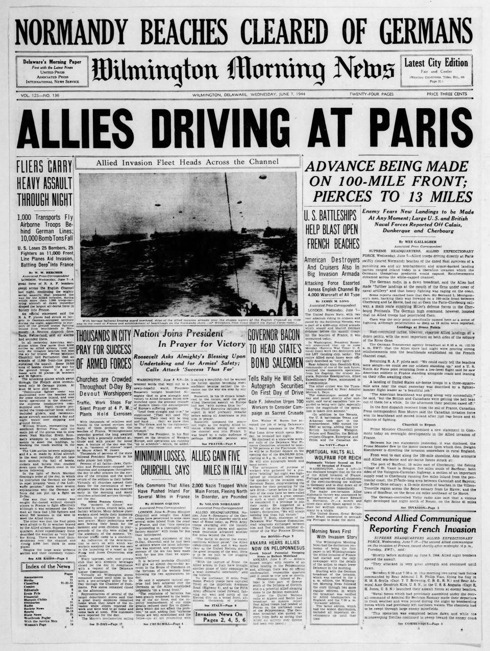 Front page of the Wilmington Morning News from June 7, 1944.