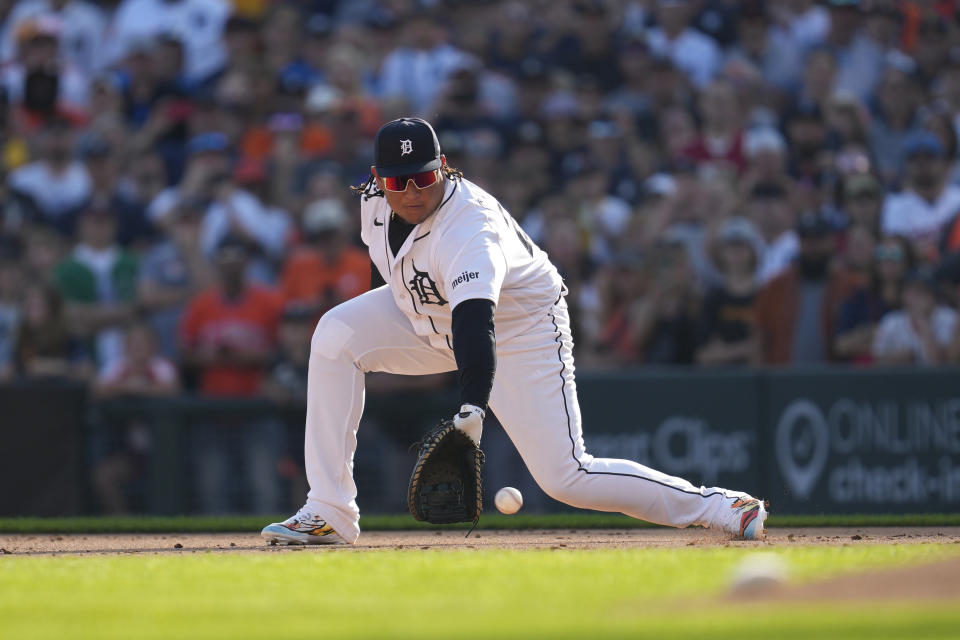 Detroit Tigers first baseman Miguel Cabrera fields a Cleveland Guardians' Steven Kwan ground ball for an out in the eighth inning of a baseball game, Sunday, Oct. 1, 2023, in Detroit. Cabrera was pulled after the play and will retire after the game. (AP Photo/Paul Sancya)