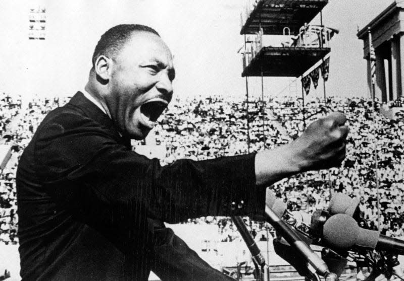 American Civil Rights and religious leader Dr Martin Luther King Jr (1929 - 1968) gestures emphatically during a speech at a Chicago Freedom Movement rally in Soldier Field, Chicago, Illinois, July 10, 1966.