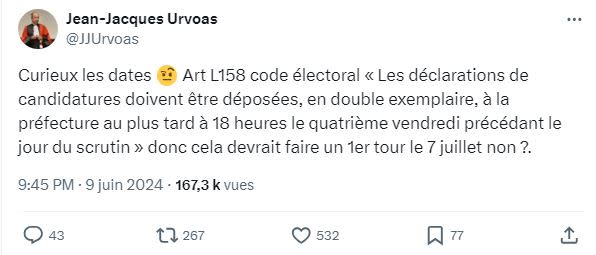 <span>Capture d'écran, réalisée le 10 juin 2024, d'un premier tweet de Jean-Jacques Urvoas sur le calendrier des législatives du 30 juin et 7 juillet 2024</span>