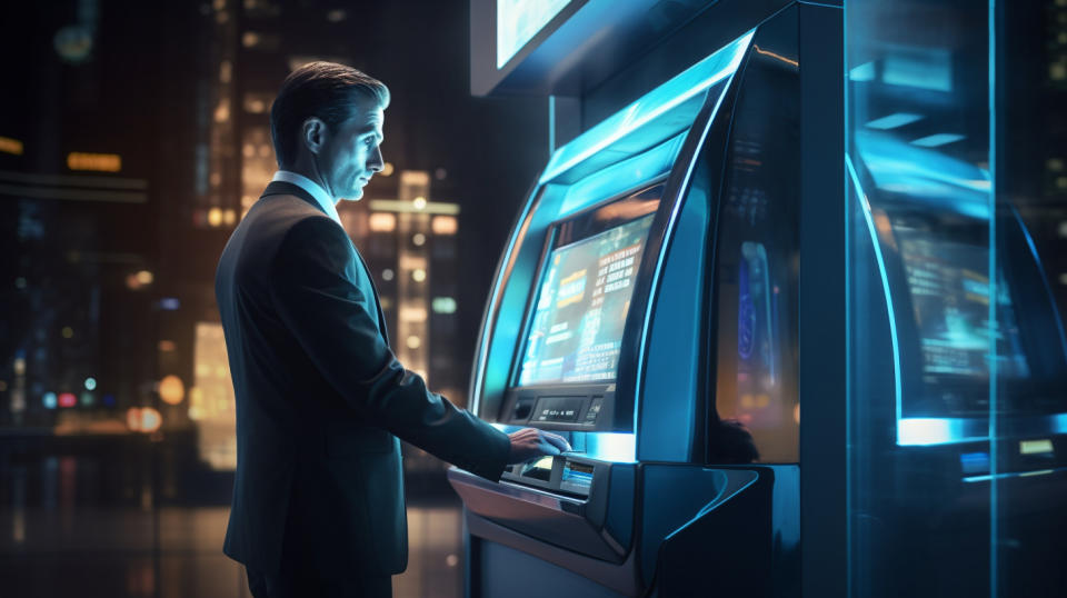 A bank teller assisted by an automated teller machine, emphasizing the combination of traditional banking and modern digital technology.