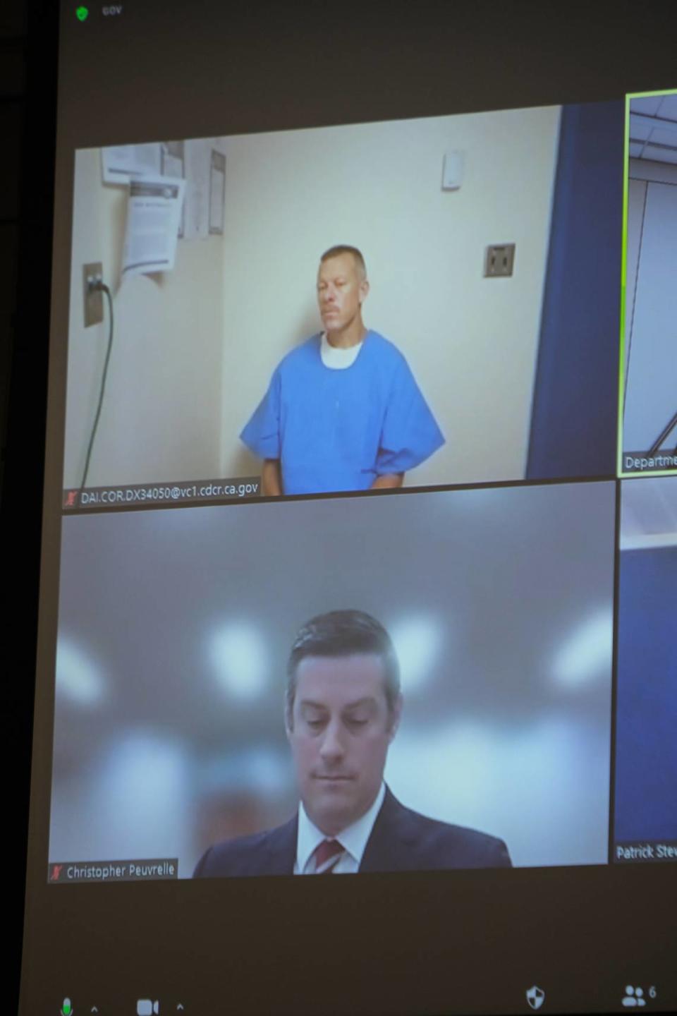 Paul Flores, who was convicted of Kristin Smart’s murder, appears via Zoom from California State Prison, Corcoran, for his restitution hearing in Monterey County Superior Court on June 12, 2024. Former San Luis Obispo County Deputy District Attorney Chris Peuvrelle is pictured below Flores calling in from the courtroom.