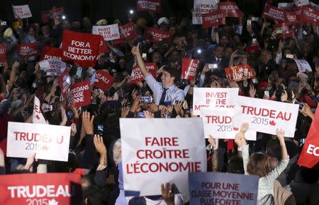 Liberal leader Justin Trudeau gestures during a campaign rally in Surrey, British Columbia, October 18, 2015. REUTERS/Chris Wattie